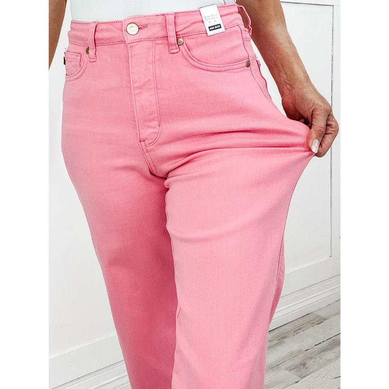 Judy Blue SHELBY Hi-Rise Tummy Control PINK Wide Leg Cropped Jeans