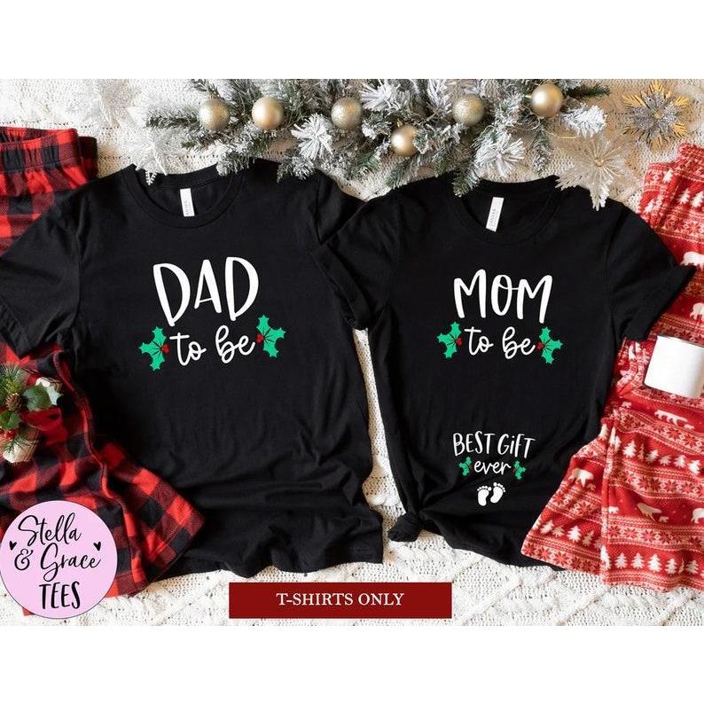 Couples Christmas Pregnancy Announcement TShirts, Mom to Be Dad to Be, Couples Christmas Pregnancy Reveal Shirts