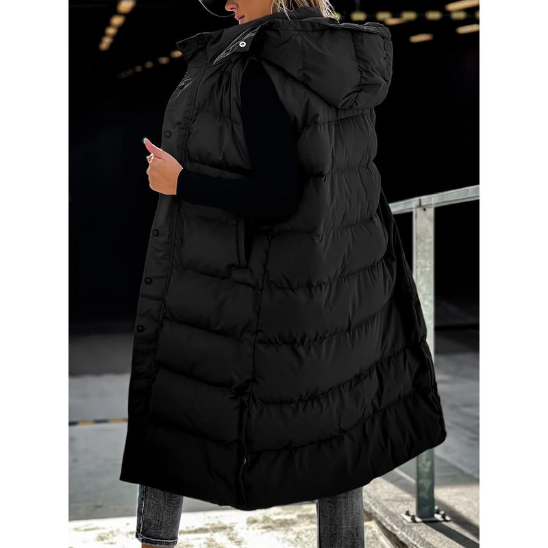 Women's Long Quilted Hooded Vest Sleeveless Button Fluffy down Jacket Cotton Cushion Jacket Winter Coat