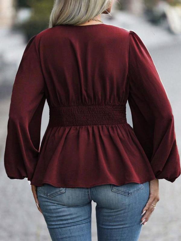  Solid Wrap Shirred V Neck Blouse, Casual Bishop Sleeve Top for Fall & Winter, Women's Clothes for Daily Wear