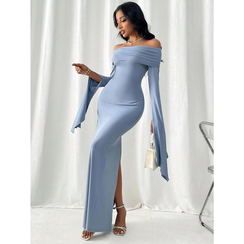 Women's Off-The-Shoulder Pleated Long Sleeve Maxi Dress With Split Hem One Shoulder Women's One Fit Formal