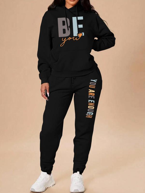 Women's Letter Print Drop Shoulder Sweatshirt & Drawstring Waist Sweatpants Two-piece Set, Casual Fashion Cozy Breathable Two Piece Outfits for Daily Wear, Ladies Clothes for All Seasons