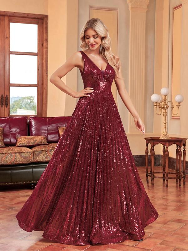 Women's Glitter Sequin Pleated A Line Dress, Summer Clothes Women, Elegant Sleeveless Maxi Dress for Party Banquet, Ladies Occasional Wear  for Christmas