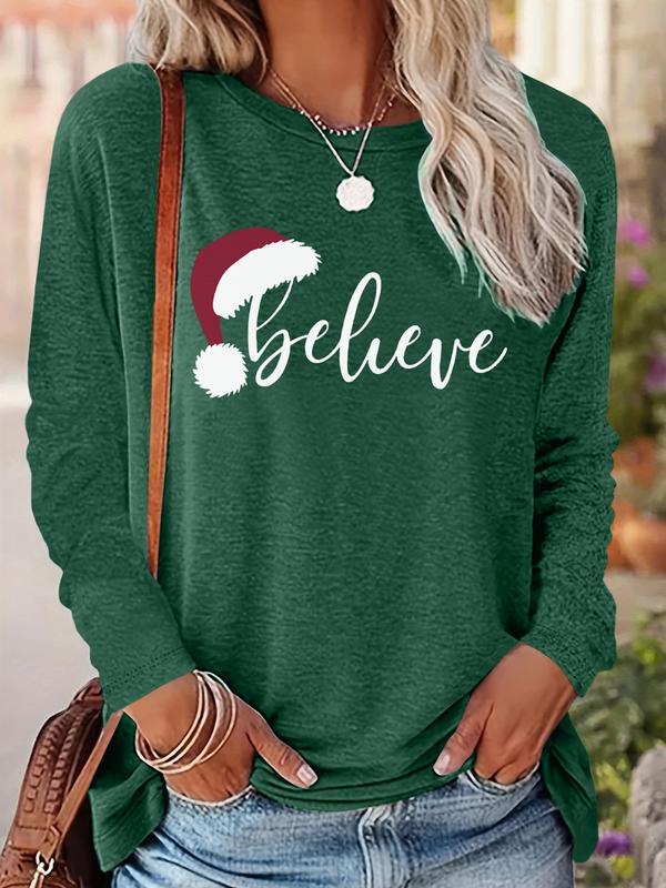 Women's Christmas Letter Print Drop Shoulder Tee, Casual Long Sleeve Round Neck Pullover for Fall & Winter, Ladies Clothes for Daily Wear