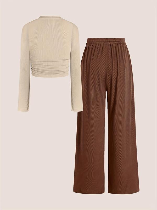 Two-piece Set Women's Solid Ruched Crop Tee & Drawstring Waist Pants, Casual Fashion Cozy Round Neck Long Sleeve Top & Elastic Waist Trousers for Daily Outdoor Wear, Women's Clothing for Fall & Winter