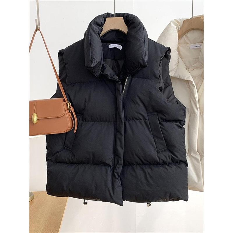 down Cotton Vest Women's Autumn and Winter New Korean Style Loose Waistcoat Solid Color Outerwear Vest All-Matching Vest Cardigan Womenswear Tops Minimalist High Neck Basic Comfort