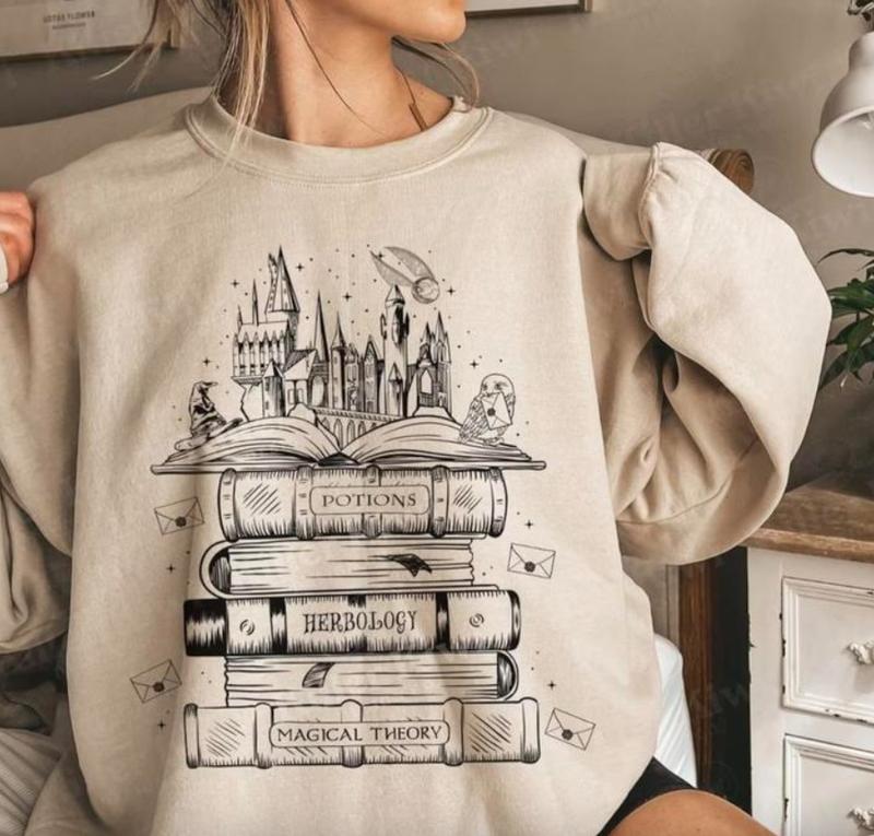 Hogwarts Castle Book Sweatshirt, Harry Poter Sweatshirt Cotton Womenswear, Full Color, Classic Fashion, Tee Print