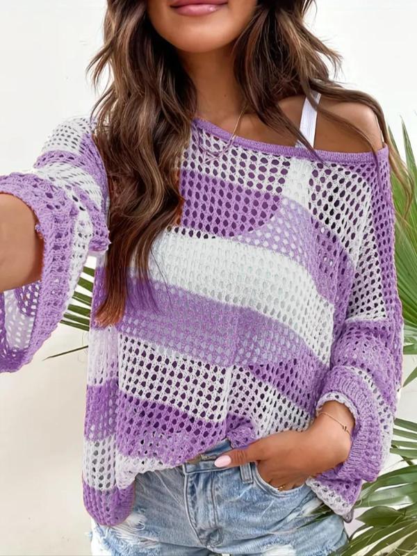 Women's Striped Print Hollow Out Sheer Sweater, Beach Outfits, Casual Drop Shoulder Long Sleeve Boat Neck Jumper for Spring & Fall, Fall Cover Up, Back To School Outfits, Knitting Tops for Lady, Women's Knitwear, Downtown Girl Clothes