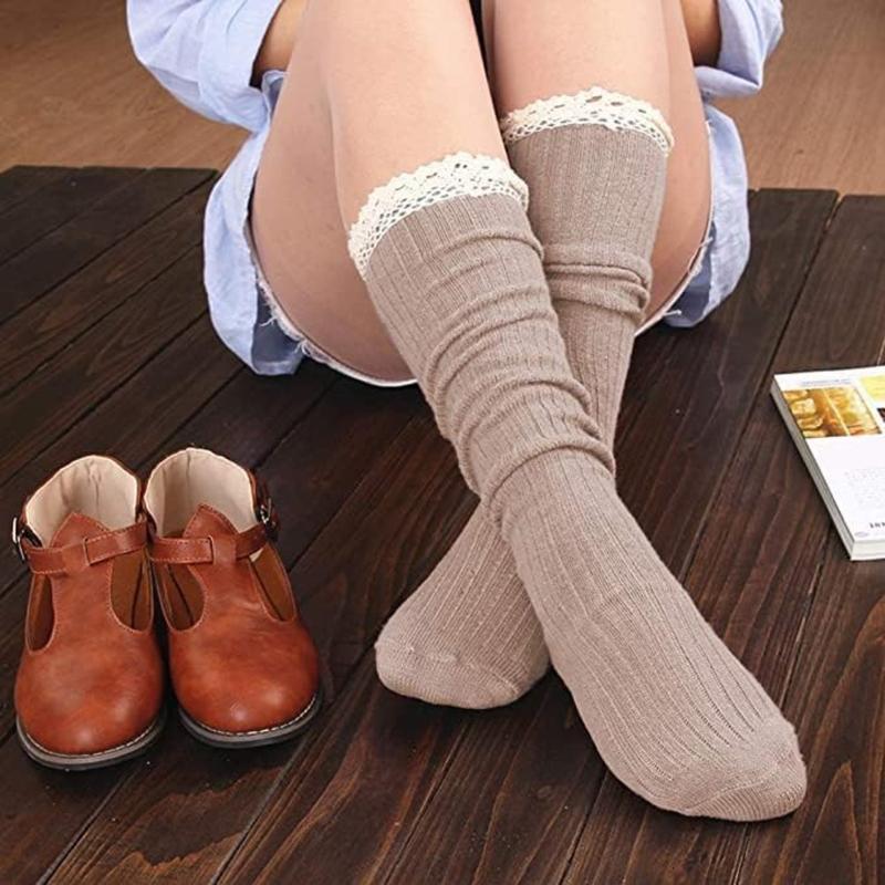 4 Pack Women Cotton Knit Boot Socks Knee High Socks Stockings with Lace Trim, Free Size, Beige Black Coffee Green