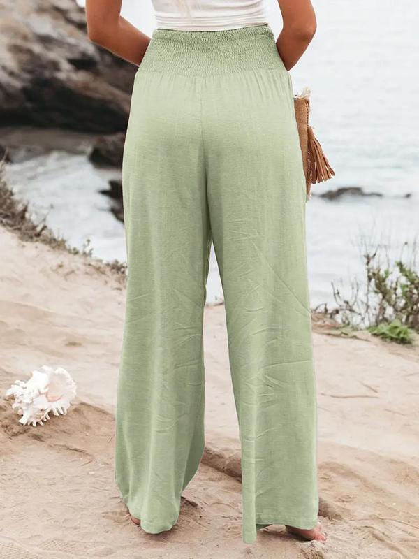 Women's Plain Pocket Shirred Wide Leg Pants, Casual Elastic Waist Trousers for Beach Vacation Holiday, Ladies Bottoms for All Seasons