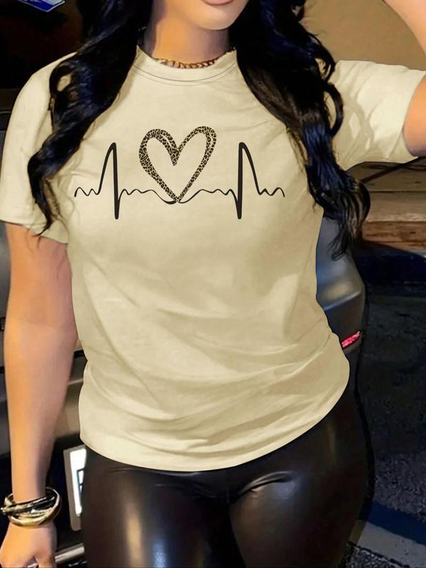 Women's Heart & Heartbeat Print Round Neck Tee, Casual Short Sleeve T-Shirt for Summer, Graphic Tees Women, Ladies Clothes for Daily Wear