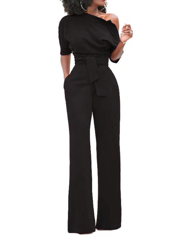 Women's Solid One Shoulder Tie Front High Waist Wide Leg Jumpsuit, Summer Clothes Women, Casual Elegant Half Sleeve Jumpsuit for Summer, Women's One-piece Clothing for Daily Wear