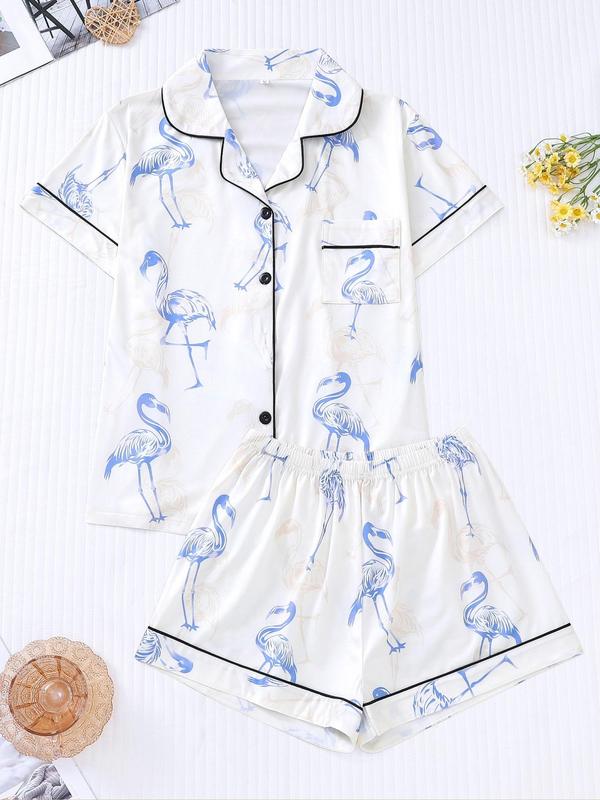 Women's Flamingo Print Lapel Pocket Shirt & Elastic Waist Shorts Pyjama Set, Casual Comfy Button Front Short Sleeve Top & Shorts Pj Set, Ladies Sleepwear for All Seasons