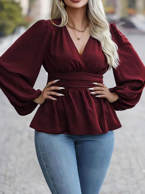  Solid Wrap Shirred V Neck Blouse, Casual Bishop Sleeve Top for Fall & Winter, Women's Clothes for Daily Wear