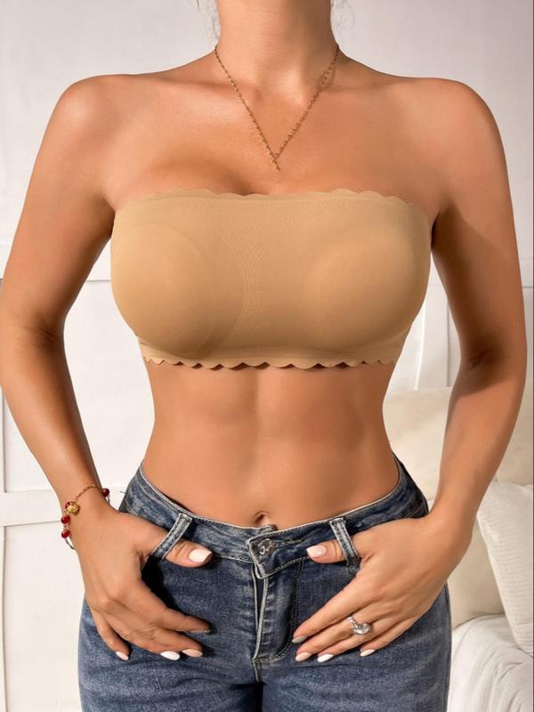 Women's Plain Scallop Trim Padded Bandeau Bra, Push Up Bra, Strapless Bra, Comfort Cozy Casual Comfy Seamless Lingerie Top for Daily Wear, Women's Underwear for All Seasons