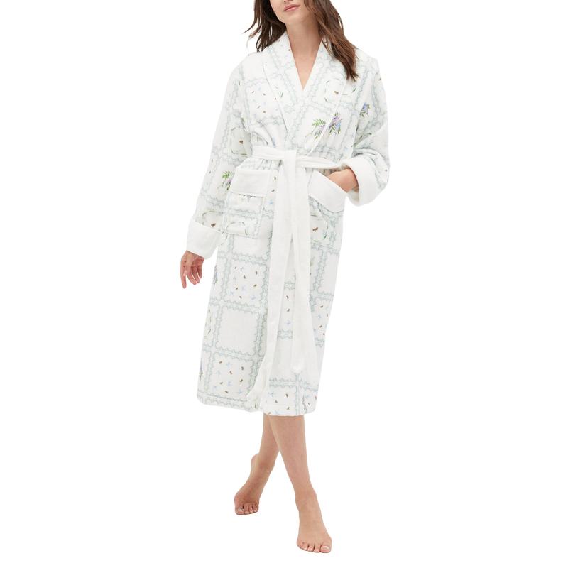 Fluffy Robes for Women Cute Cherry Fruit Floral Print Long Sleeve Shawl Collar Bathrobe Long Plush Kimono Spa Robe with Belt