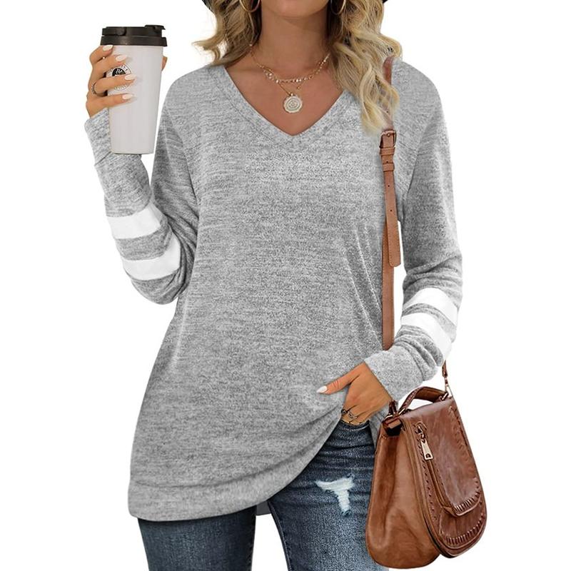 Women's Striped Long Sleeve V Neck T Shirts Color Block Casual Tunics Tee Shirt Tops