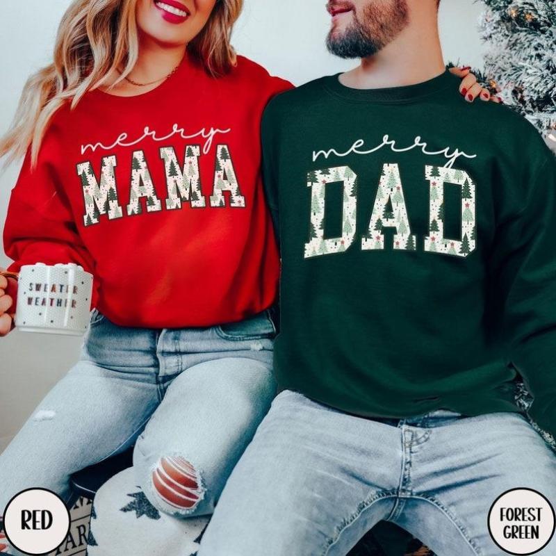 Merry Mama and Dad Sweatshirts, New Mom and Dad Christmas Sweaters, Xmas Pregnancy Announcement Gift, Matching Couples Holiday Crewnecks