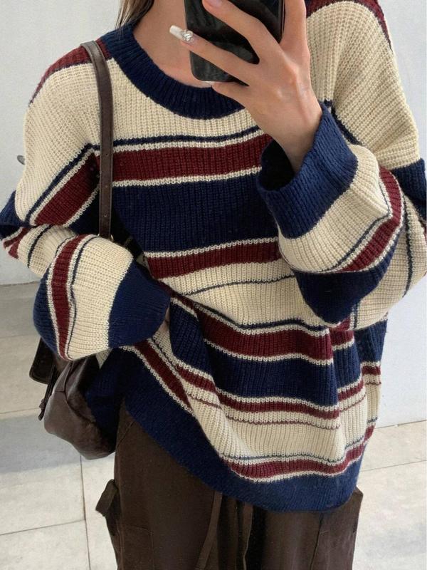 Women's Colorblock Striped Print Drop Shoulder Sweater, Casual Long Sleeve Round Neck Jumper for Fall & Winter, Fashion Ladies' Knitwear for Daily Wear,  Fall Outfits 2024