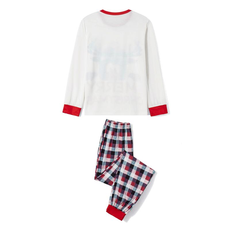 Christmas Family Pajamas Matching Set, Long Sleeve Cartoon Elk T-shirt with Plaid Pants Sleepwear Loungewear