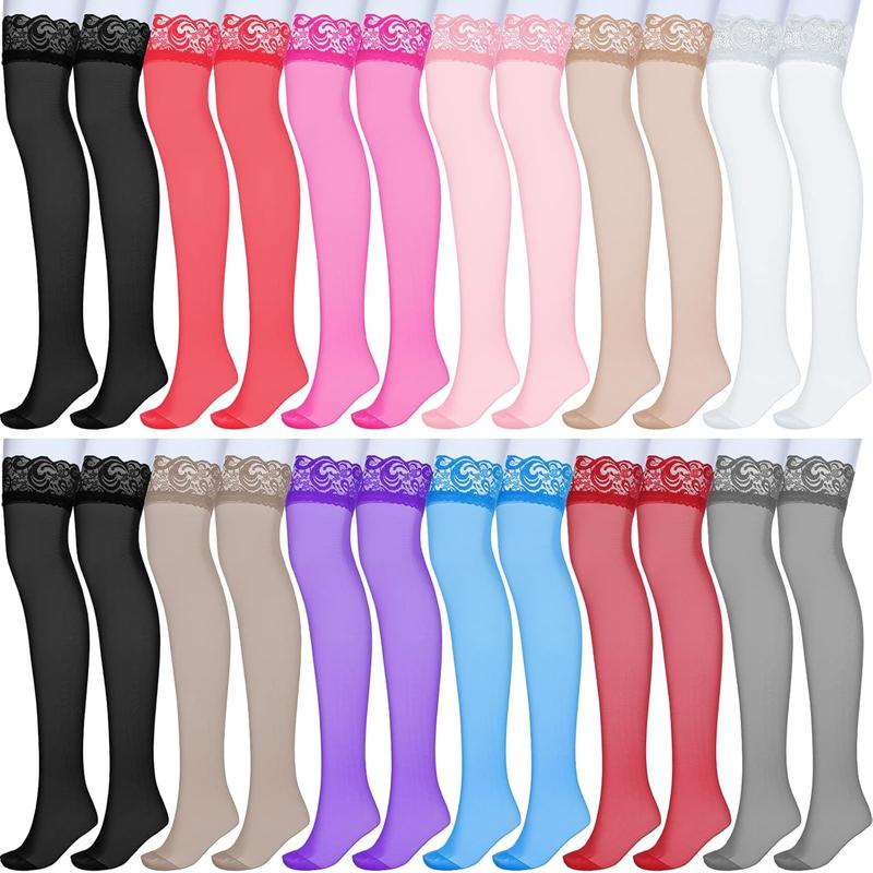 12 Pairs Thigh High Stockings Silicone Lace Top Stockings Semi Sheer Stockings for Women Girls, 11 Colors