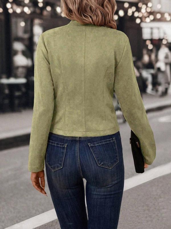 Women's Solid Double Button Open Front Suede Jacket, Casual Long Sleeve Stand Collar Outerwear for Fall & Winter,  Winter Clothes Women, Ladies Clothes for Office Daily Wear