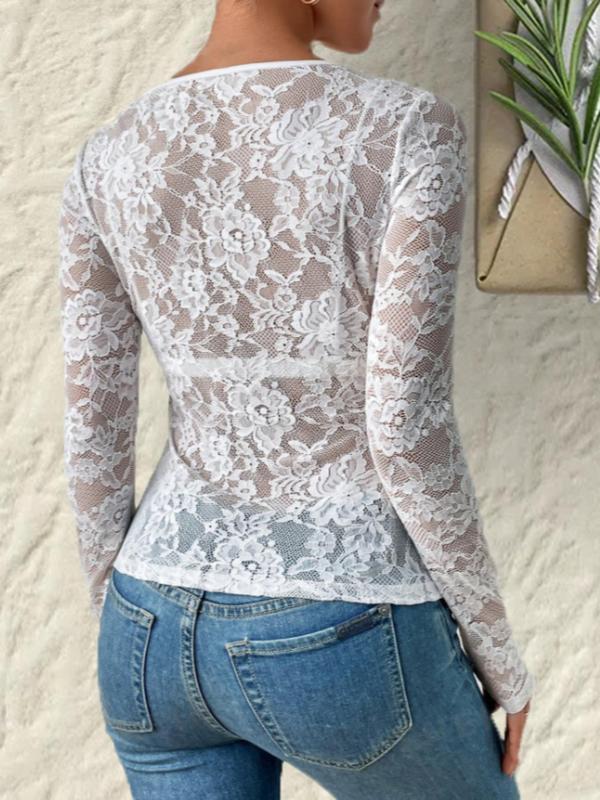 Women's Sheer Floral Lace Cover Up Top, Elegant Scallop Trim Long Sleeve V Neck Top for Party Holiday Vacation, Ladies Clothes for All Seasons