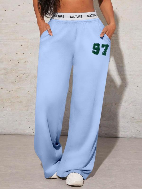 Women's Letter Print High Waist Sweatpants, Casual Y2K Pocket Wide Leg Tape Waist Trousers for Daily Wear, Ladies Bottoms for All Seasons, Downtown Girl Clothes