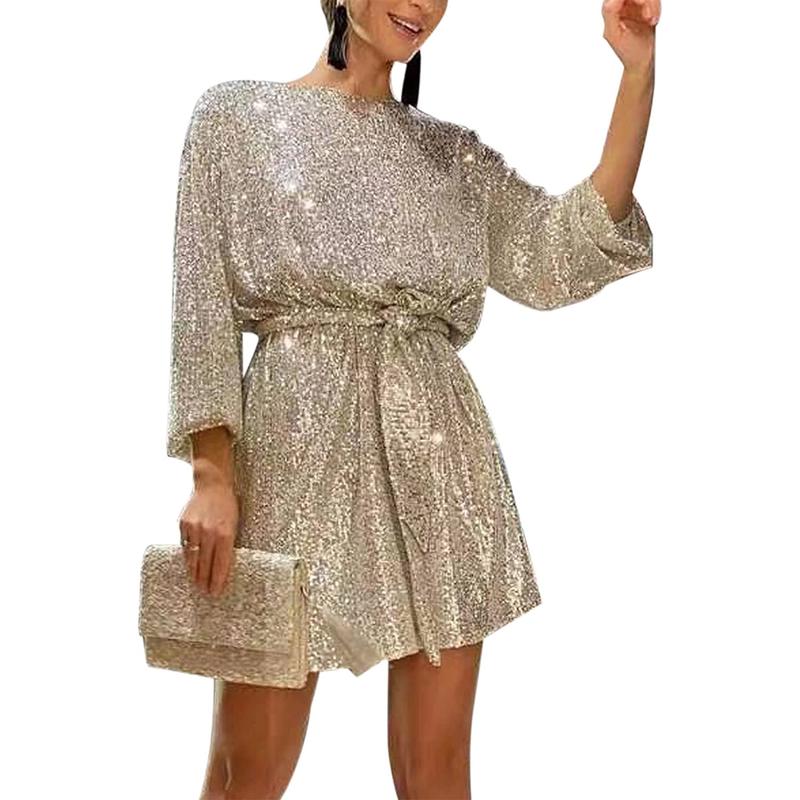 Women´s Sequin Party Dress, Sparkle Long Sleeve Round Neck Short Cocktail Dress with Belt Womenswear