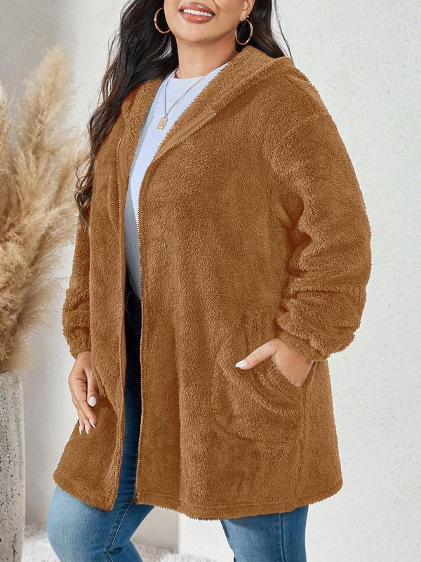 CURVZY Christmas Deals, Plus Size Solid Color Pocket Zip Up Fuzzy Hooded Jackets Coat, Casual Zipper Drop Shoulder Outerwear for Fall & Winter, Women's Clothes for Daily Wear, Christmas 2024 Trend, Fall & Winter Clothes