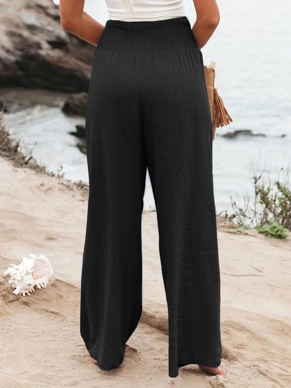 Women's Plain Pocket Shirred Wide Leg Pants, Casual Elastic Waist Trousers for Beach Vacation Holiday, Ladies Bottoms for All Seasons