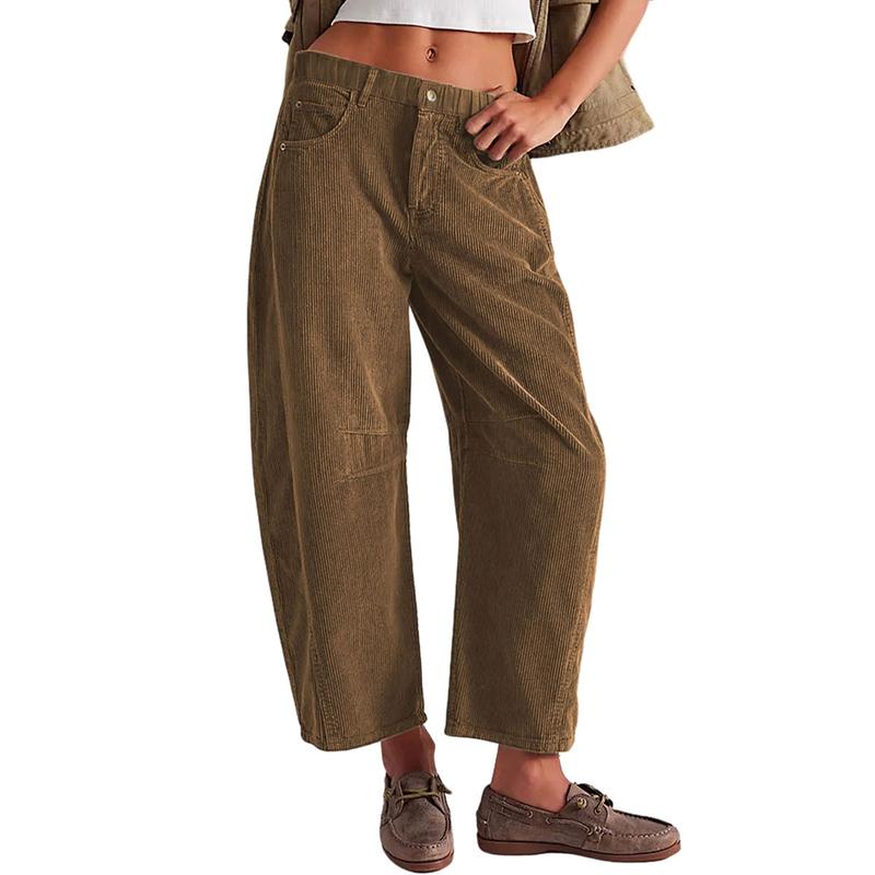 Tanming Women's Corduroy Pants Barrel Mid-Rise Elastic Waist Cord Pants Casual Wide Leg Baggy Trouser with Pockets