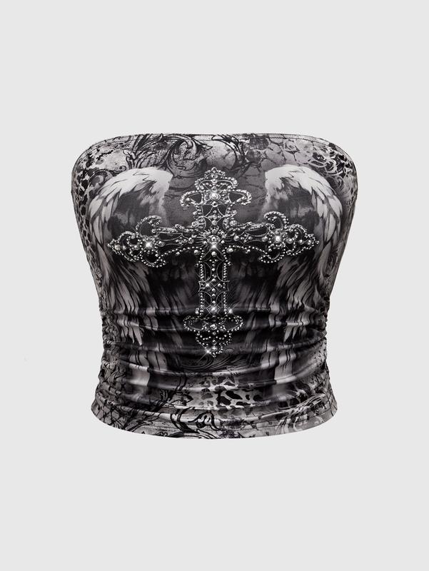 ROMWE Grunge Punk Cross & Rhinestone Wing Printed Vintage Ruched Sexy Women's Bandeau Tube Top