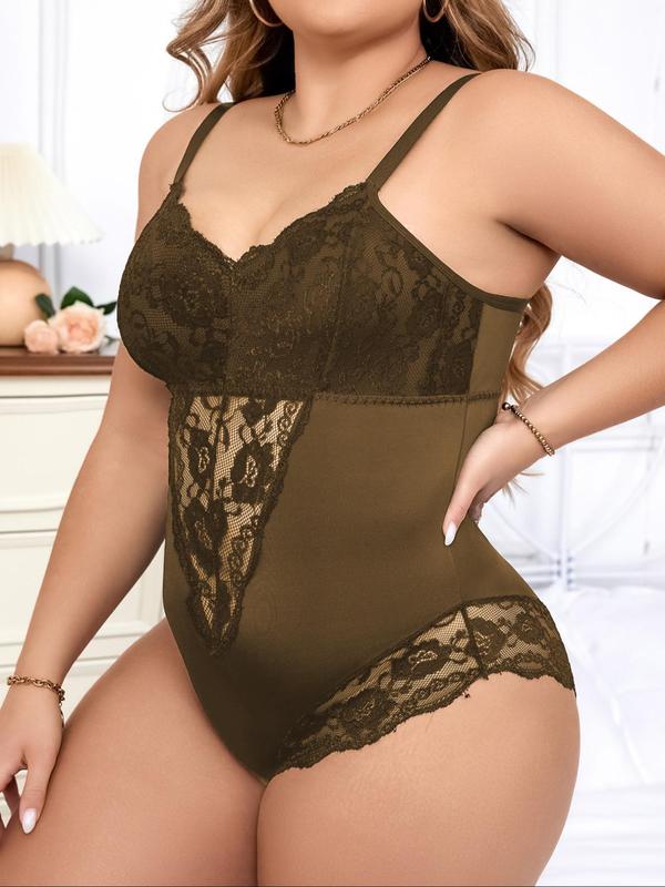  Contrast Lace Sheer Button Closure Crotch Shapewear Bodysuit, Fashion Stretchy Tummy Control One-Piece Shaper, Women's Shapewear for Daily Wear