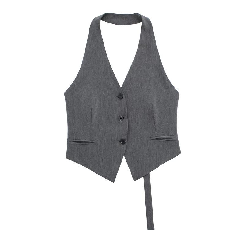 Willshela Chic Trendy Halter Waistcoat 2024 Outlook Minimalist Capsule Wardrobe Effortless Chic Tops Sleeveless One-Button  Lady Halter Neck Comfort