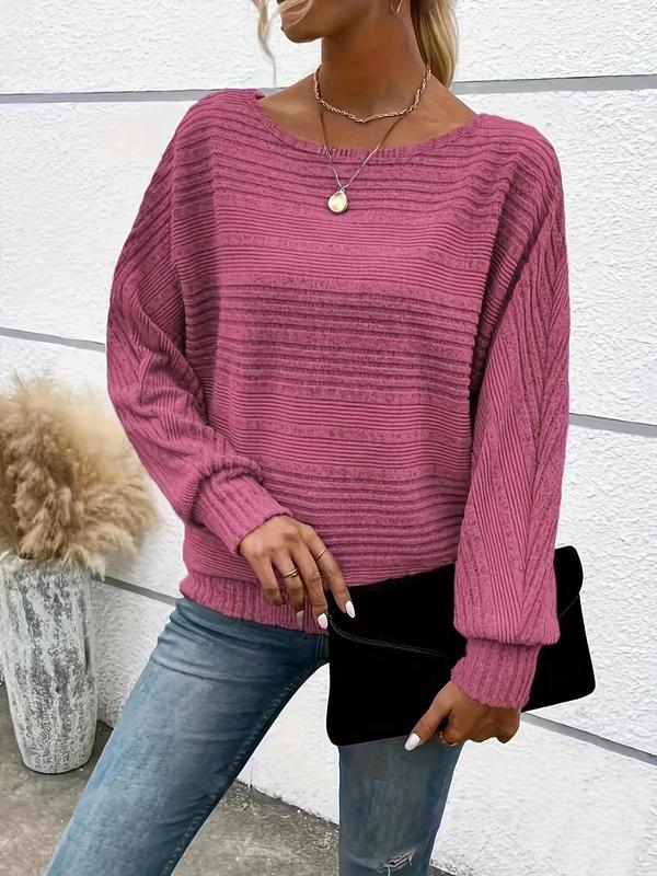  Solid Color Jacquard Batwing Sleeve Pullover Sweater, Elegant Fashion Casual Crew Neck Jumper for Daily Outdoor Wear, Women Clothing for Fall & Winter