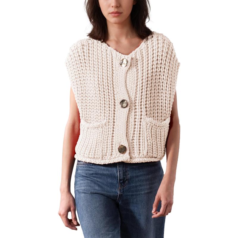 Vest Tops for Women Crochet Chunky Knit Sweater Sleeveless Button Down Tank Top Casual Cardigan Gilet with Pockets