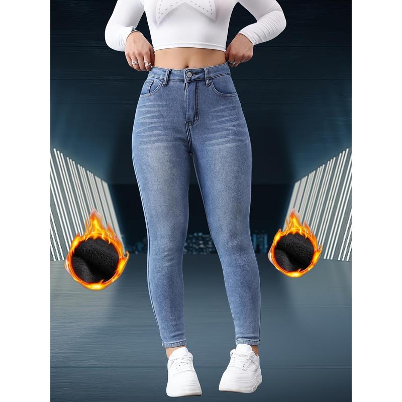 Women's Warm Jeans, Slim Fit Warm Trousers, Fashion Trend Style, Solid Color, Button Detail, High Elasticity, Tight, 9 Inches Long, Autumn Season