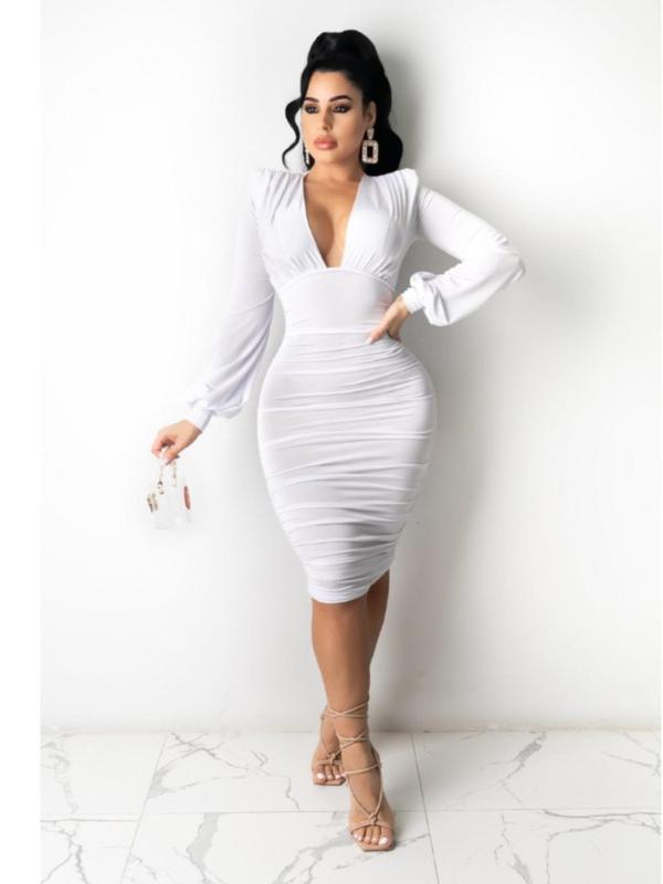 Women's Plain Ruched Deep V Neck Bodycon Dress,  Casual Wear  Bishop Sleeve Zipper Back Midi Dress for Fall, Women's Clothing for Daily Wear