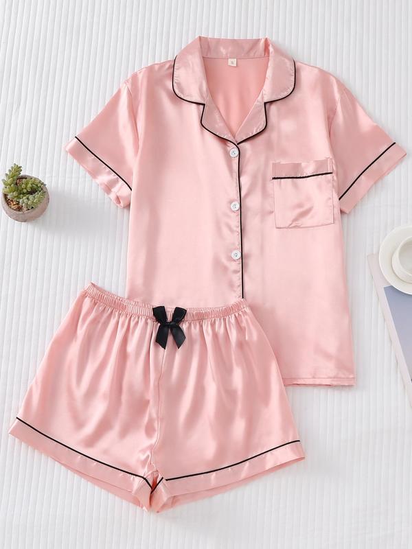 Two-Piece Set Women's Contrast Binding Lapel Pocket Shirt & Elastic Waist Shorts Satin Pyjama Set, Button Front Short Sleeve Top & Bow Decor Shorts PJ Set, Summer Sleepwear Set, Birthday Gifts