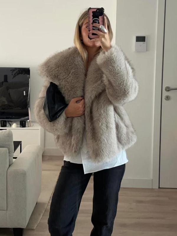 Women's Solid Color Faux Fur Fuzzy Jacket, Casual Long Sleeve Collared Fuzzy Coat for Fall & Winter, Women's Clothing for Daily Wear Outerwear