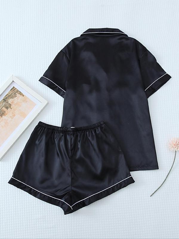 Two-Piece Set Women's Contrast Binding Lapel Pocket Shirt & Elastic Waist Shorts Satin Pyjama Set, Button Front Short Sleeve Top & Bow Decor Shorts PJ Set, Summer Sleepwear Set, Birthday Gifts