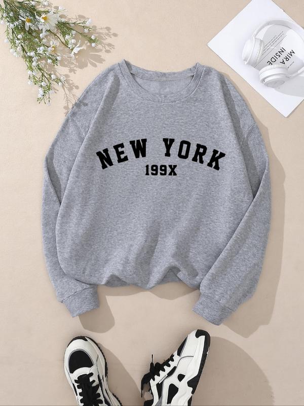 Women's Letter & Figure Print Drop Shoulder Sweatshirt, Casual Long Sleeve Round Neck Pullover for Fall & Winter, Women's Clothes for Daily Wear