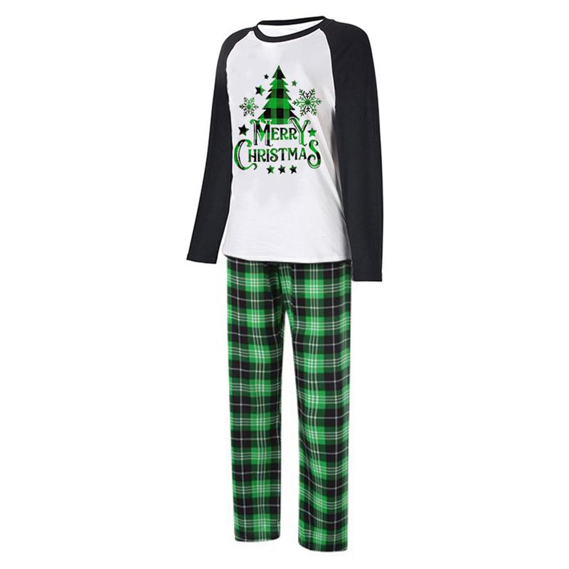 Family Matching Christmas Pajamas Set, Xmas Tree Letter Print Round Neck Long Sleeve Tops Plaid Long Pants for Parents Kids