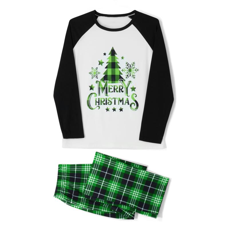 Family Matching Christmas Pajamas Set, Xmas Tree Letter Print Round Neck Long Sleeve Tops Plaid Long Pants for Parents Kids