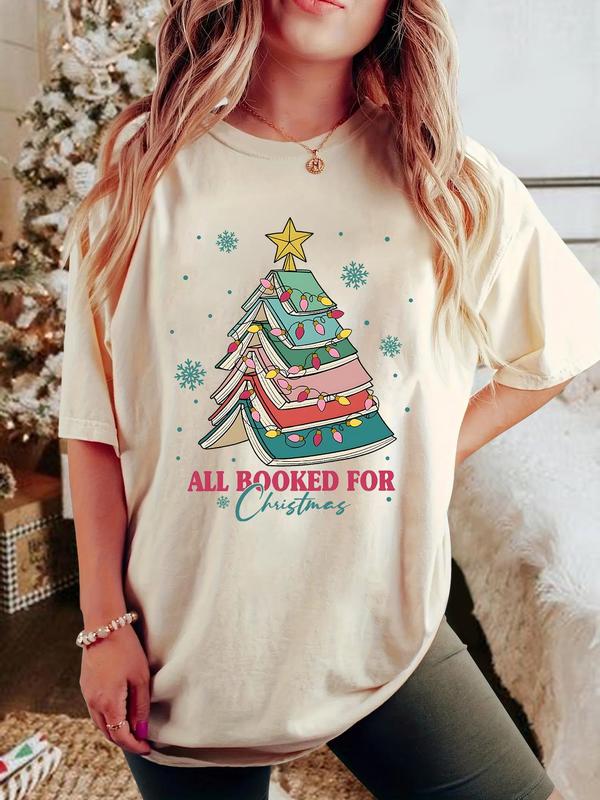 Women's Christmas Themed Books & Letter Print Round Neck Tee, Casual Drop Shoulder Half Sleeve T-Shirt for Summer, Women's Top for Daily Wear