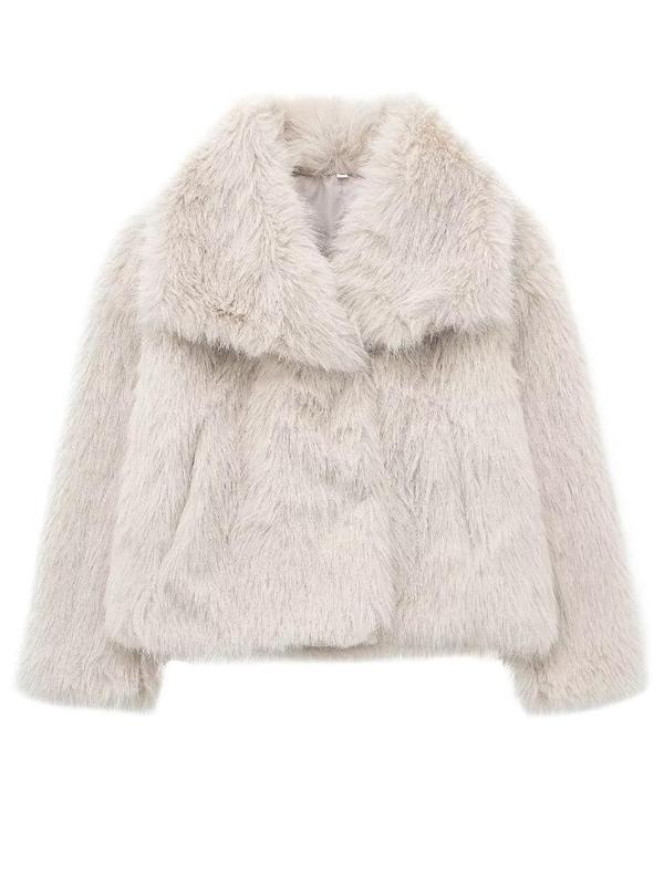 Women's Solid Color Faux Fur Fuzzy Jacket, Casual Long Sleeve Collared Fuzzy Coat for Fall & Winter, Women's Clothing for Daily Wear Outerwear