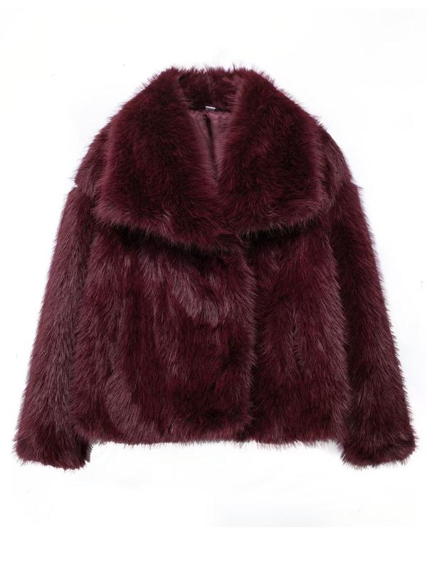 Women's Solid Color Faux Fur Fuzzy Jacket, Casual Long Sleeve Collared Fuzzy Coat for Fall & Winter, Women's Clothing for Daily Wear Outerwear