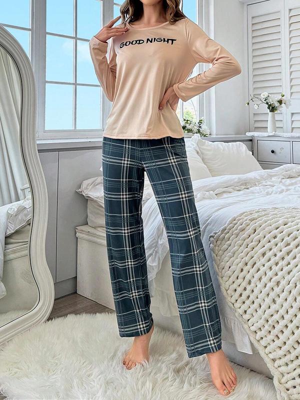 Two-Piece Set Women's Plaid Letter Print Tee & Pants Pyjama, Casual Comfy Round Neck Long Sleeve Top & Trousers PJ Set, Women's Sleepwear for Spring & Fall