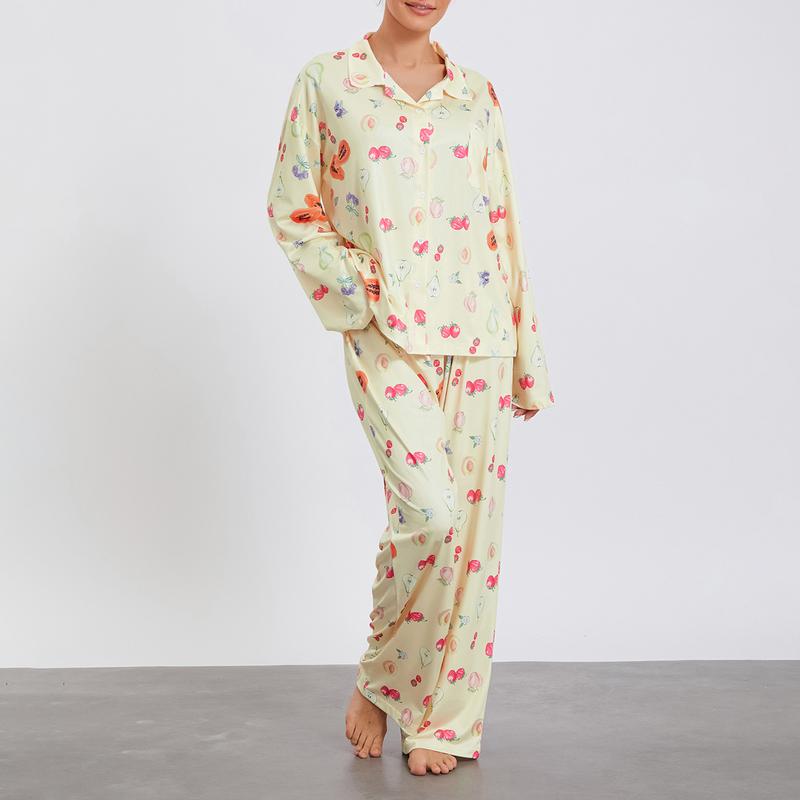 Women Pajamas Lounge Set Strawberry Print Turn-Down Collar Long Sleeve Shirts Tops and Pants Loungewear Outfits, Womenswear Check Light Polyester